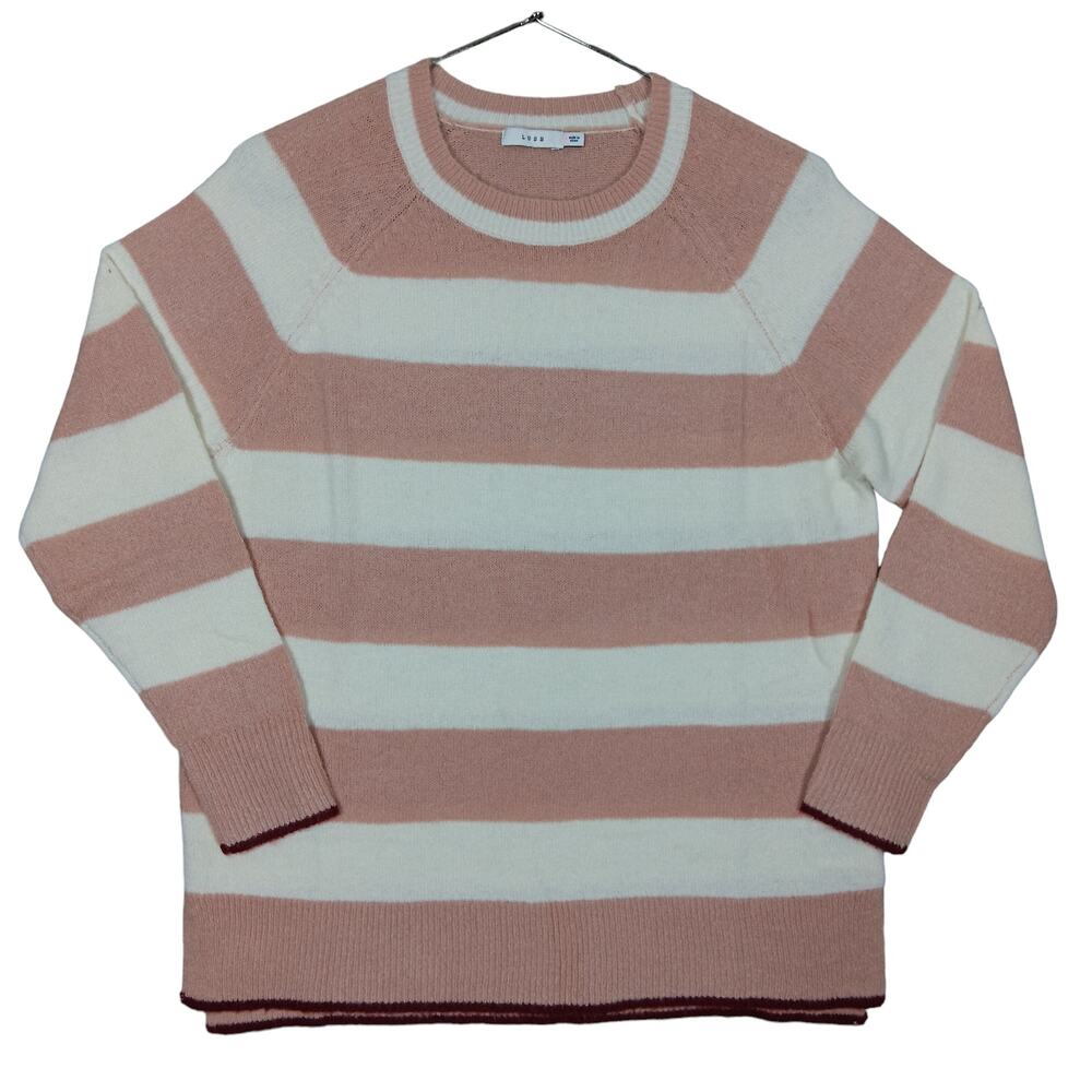 Nordstrom Lush Sweater Top Size Small Mauve Cream Striped Crewneck Long Sleeve